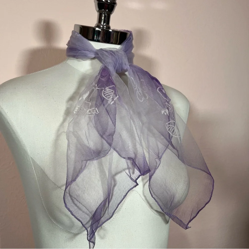 Vintage 1960 70’ semi sheer purple white flocked cottagecore floral Scarf